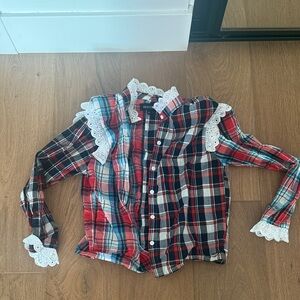 Plaid Button Down Shirt with Lace Accents